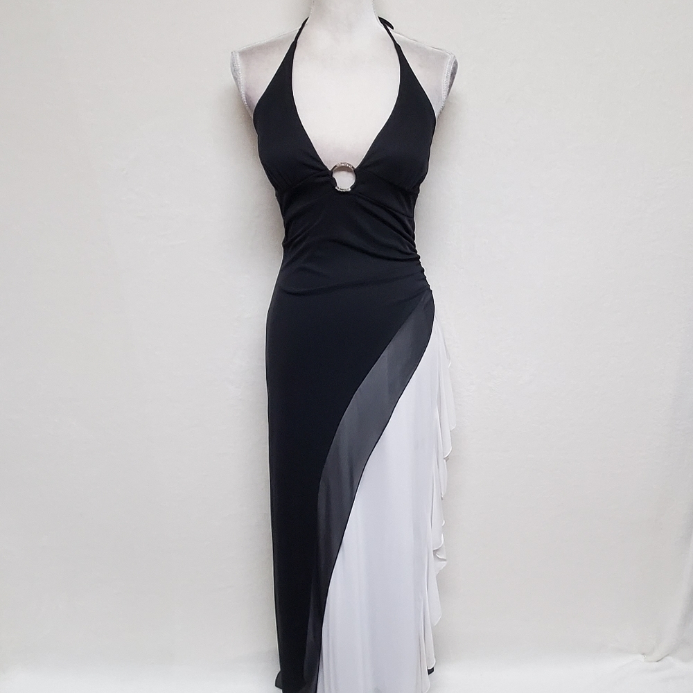 𝅺VINTAGE 1990s Taboo Black White Ruffle Asymmetrical Backless Halter Maxi Dress - Picture 4 of 16